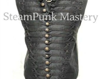 3pcs Steampunk Black Waistcoat with black Braiding  with self tie black silk Cravat ,cog tiepin in size 36”38”,40”,42"44"