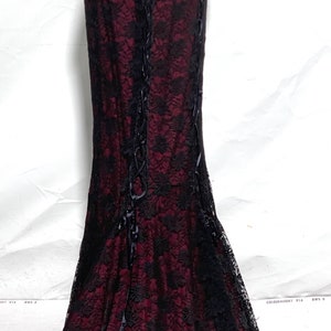 Gothic Steampunk black lace over red pencil skirt with corseted details front and back to fit size 26” ,28” 30” waist