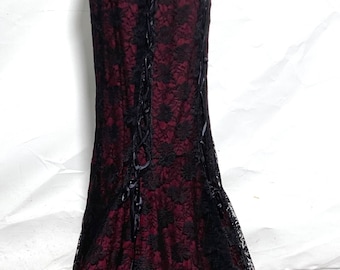 Gothic Steampunk black lace over red pencil skirt with corseted details front and back to fit size 26” ,28” 30” waist