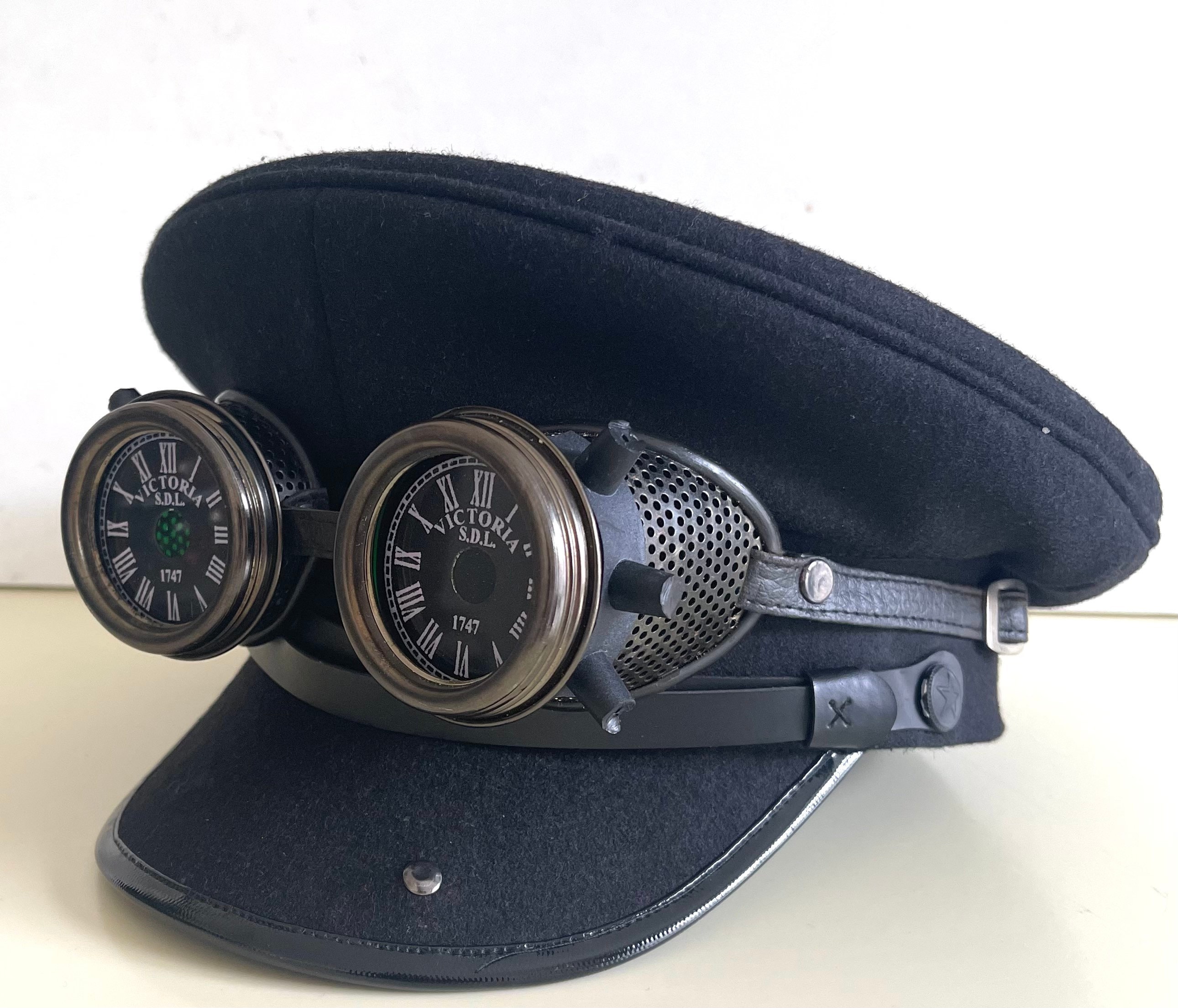 帽子 no roll military hat Steampunk Black Leather Look Military Hat With Blue Lens