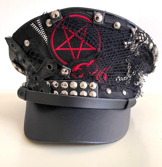 Buy Goth Punk Black Military Hat With Patches,studs 56,57,58,59