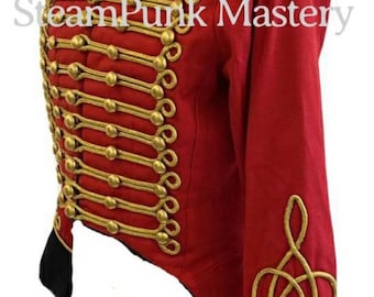 Men&#39;s Red Military Hussar Tailcoat: Gold Braid, Brass Buttons (Size 42-48&quot;)