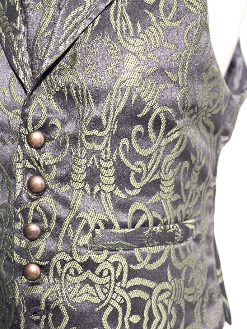 3 pcs Waistcoat Olive green/Black Brocade barbwire designs Waistcoat with same fabric Self cravat Tiepin, to fit 36384042,44,46 image 8