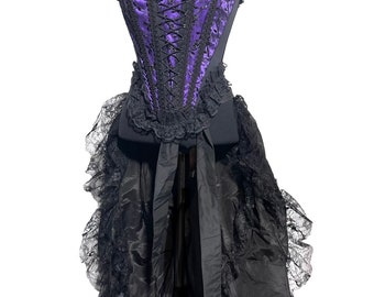 Gothic 2 pcs  Victorian boned purple corset with black  bustle train with front ties