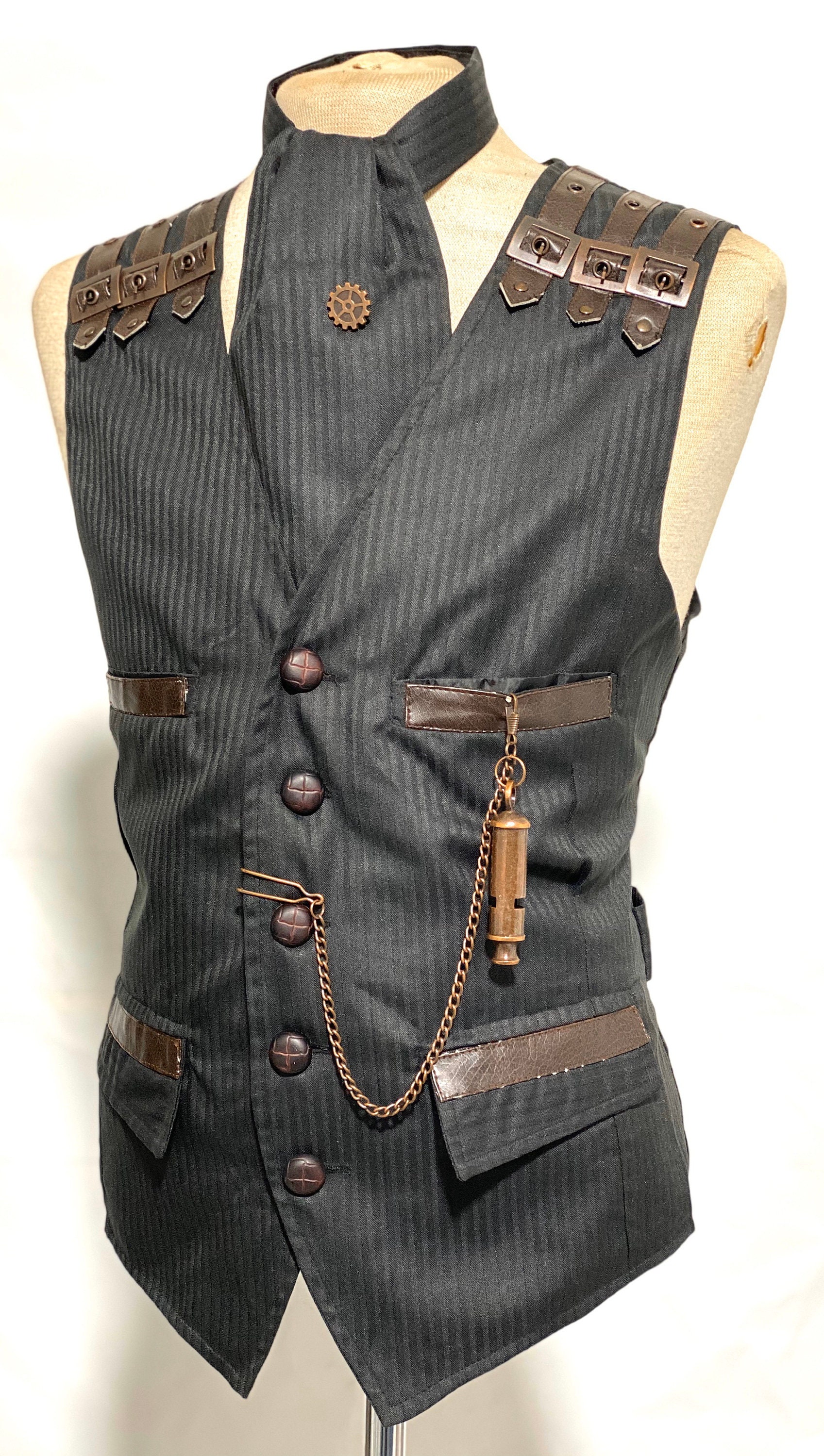 Image of 4 Pcs Steampunks Black Pinstripes Suit Fabric Waistcoat & Cravat Leather Buttons, Tiepin & Pocket Chain To Fit Chest 40", 42"44"46"