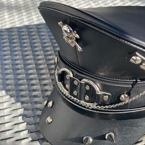 Industrial punk Black leatheret hat with chains and metals with spikes image 4