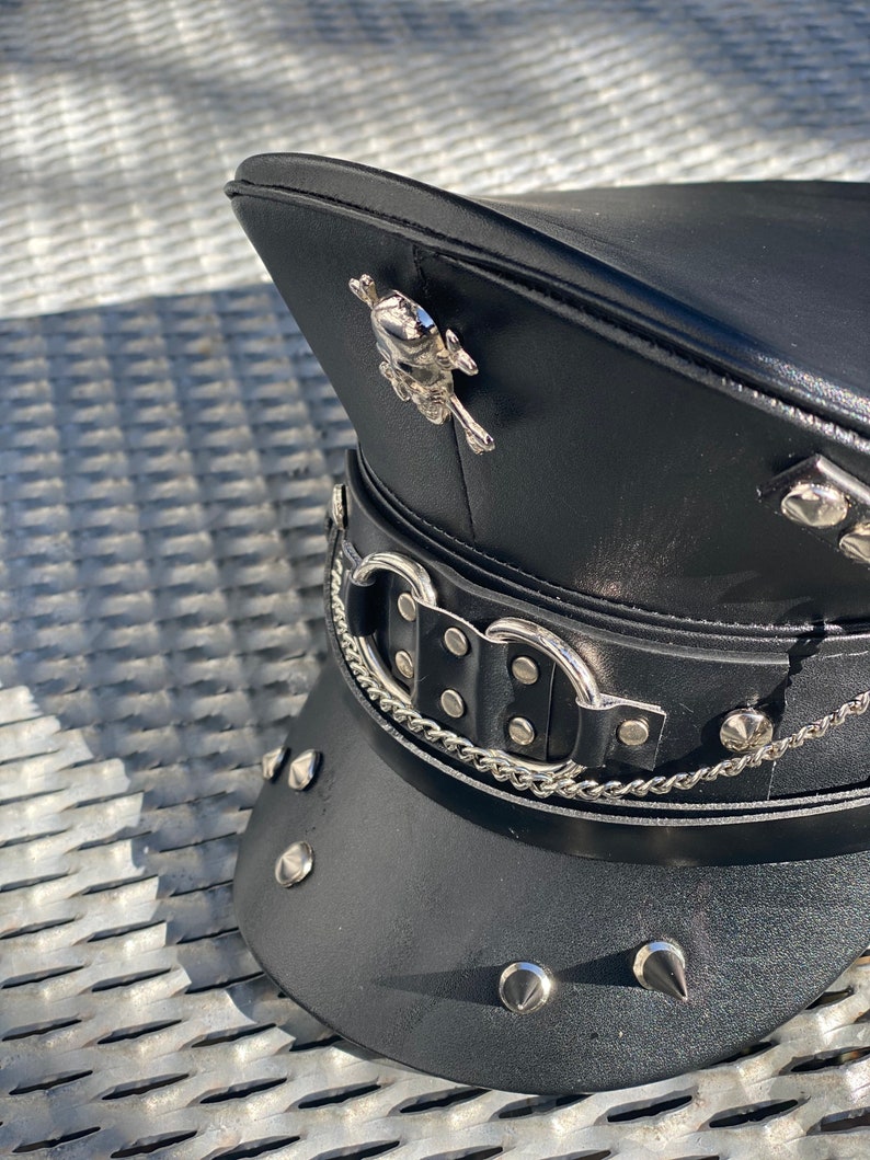 Industrial punk Black leatheret hat with chains and metals with spikes image 4