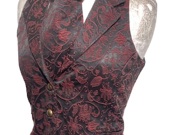 2 pcs women waistcoat outfit with back corseted in wine/Black Victorian Ivy Brocade Matching Self tie cravat to fit bust 32”,34”,36”38”40”