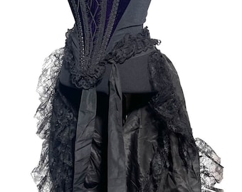 Gothic 2 pcs Purple Lush velvet boned corset with black  bustle train with front ties