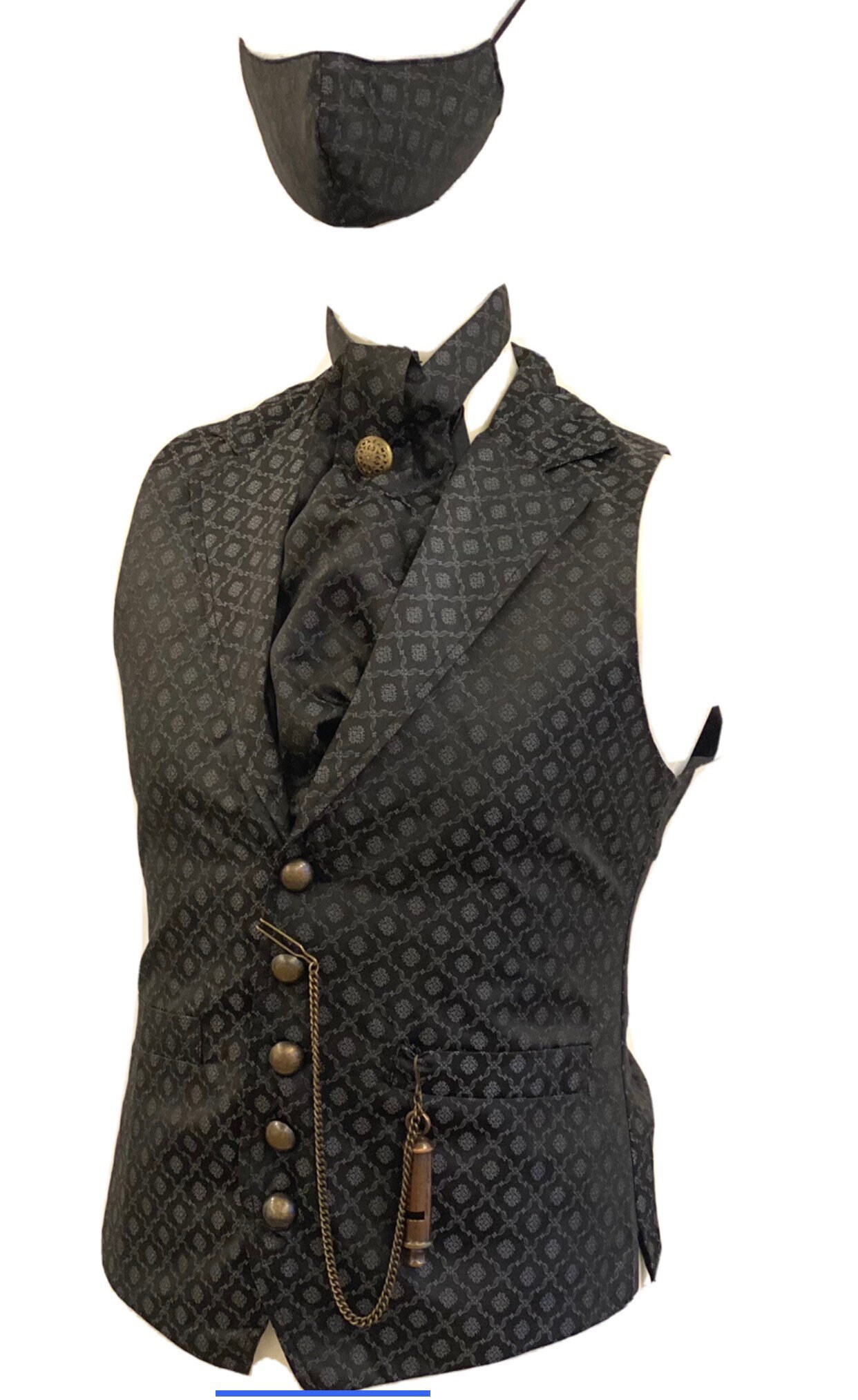 Image of 5 Pcs Steampunks Dark Grey Victorian Designs Waistcoat Cravat , Mask Brass Buttons, Tiepin & Pocket Chain To Fit Chest 40", 42", 44", 46"