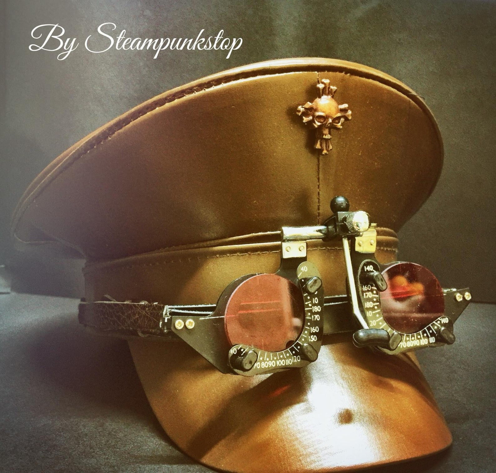 Steampunk Brown Leather Look Military Hat With Red Lens Goggles in 57 ...