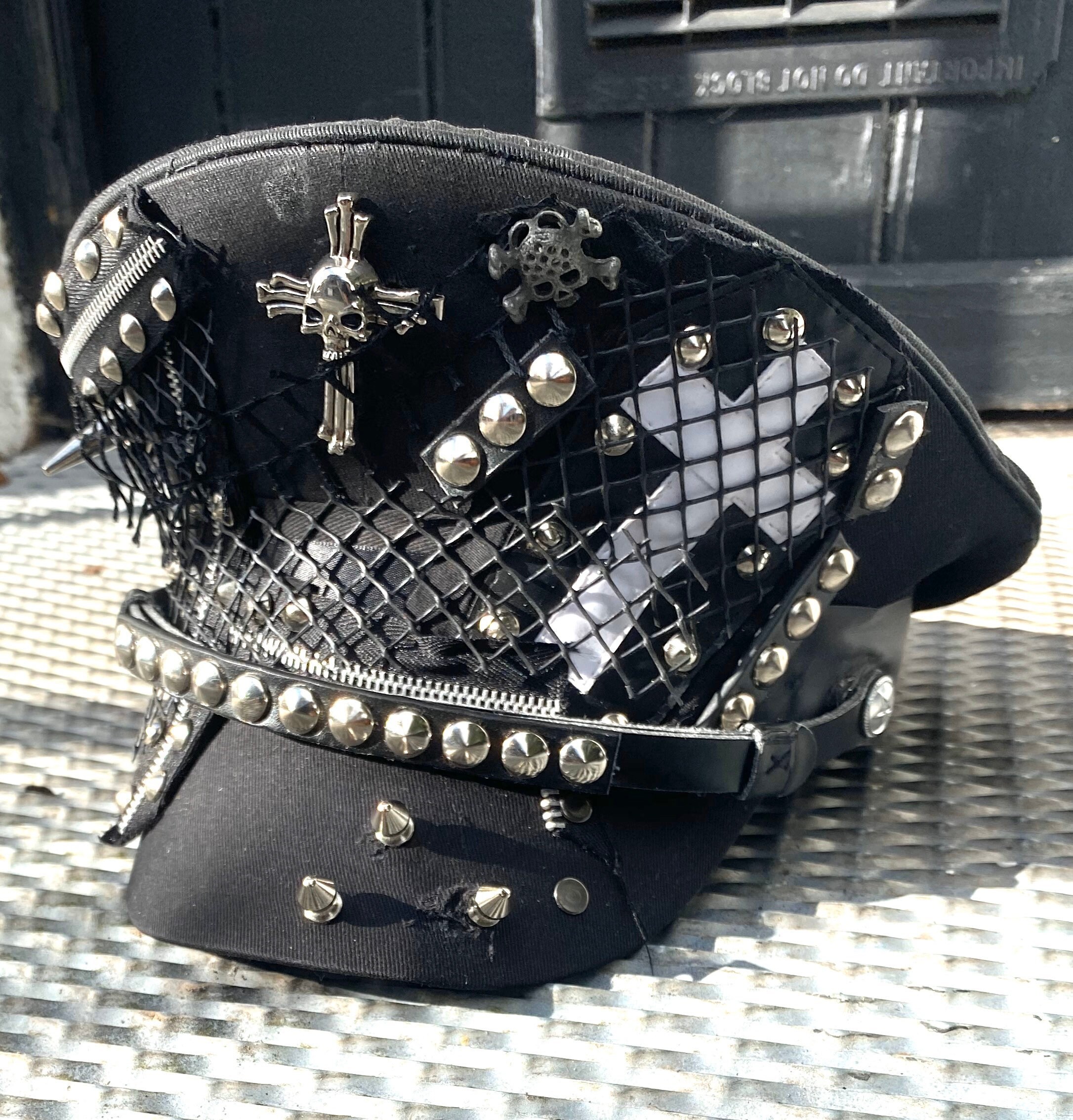 Industrial punk Gothic black Military hat with white cross Etsy