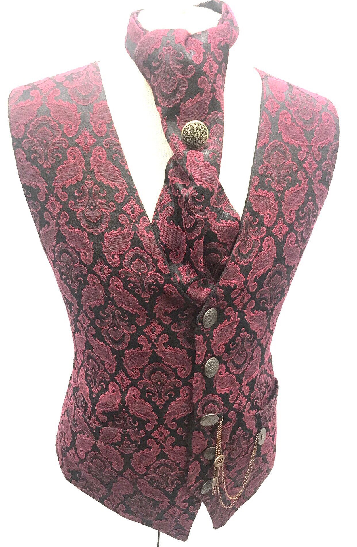 Image of 3Pcs Maroon/Black Cotton Brocade Waistcoat With Victorian Design Brass Tie Pin & Same Fabric Cravat in Chest Size 42"44", 46"