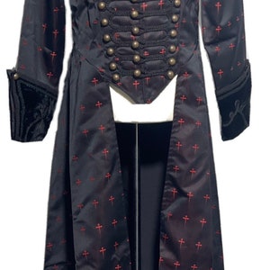 Gothic vampire steampunk Gothic ref cross Black Brocade frock long coat with black braids to fit chest size 42”,44”46”,48”