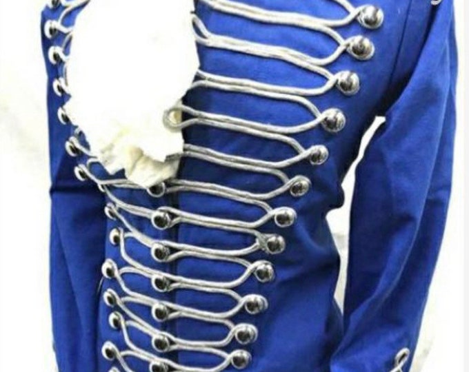 Veste hussard de c?�r?�monie militaire steampunk pour femmes en bleu avec contraste de tressage 