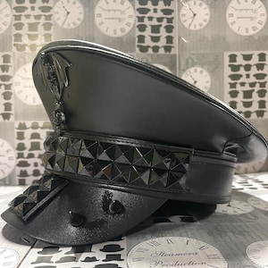 Industrial Black leatheret hat with metal pyramid spikes in 57,58,59cm
