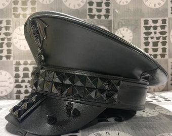 Industrial Black leatheret hat with metal pyramid spikes in 57,58,59cm