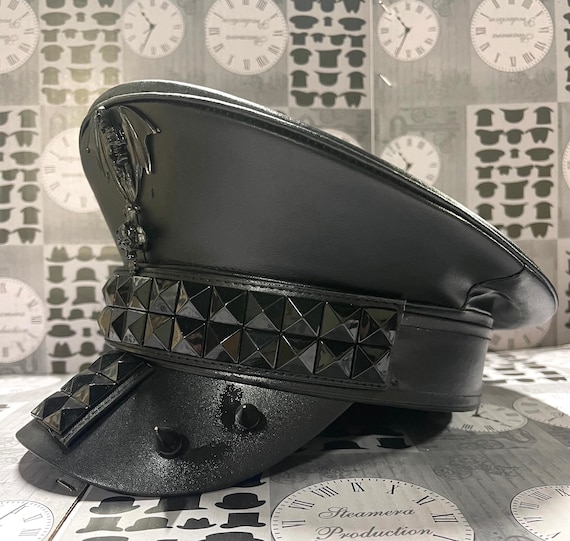 Industrial Black Leatheret Hat With Metal Pyramid Spikes in  display picture 1
