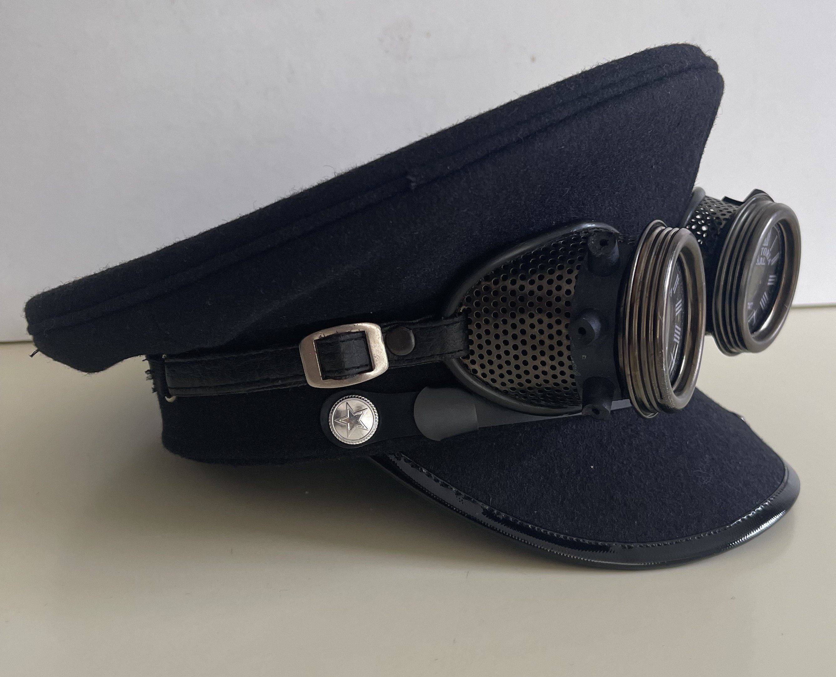 帽子 no roll military hat Steampunk Black Leather Look Military Hat With Blue Lens