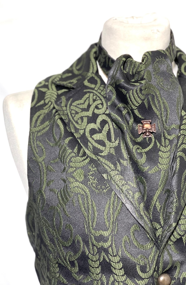3 pcs Waistcoat Olive green/Black Brocade barbwire designs Waistcoat with same fabric Self cravat Tiepin, to fit 36384042,44,46 image 2