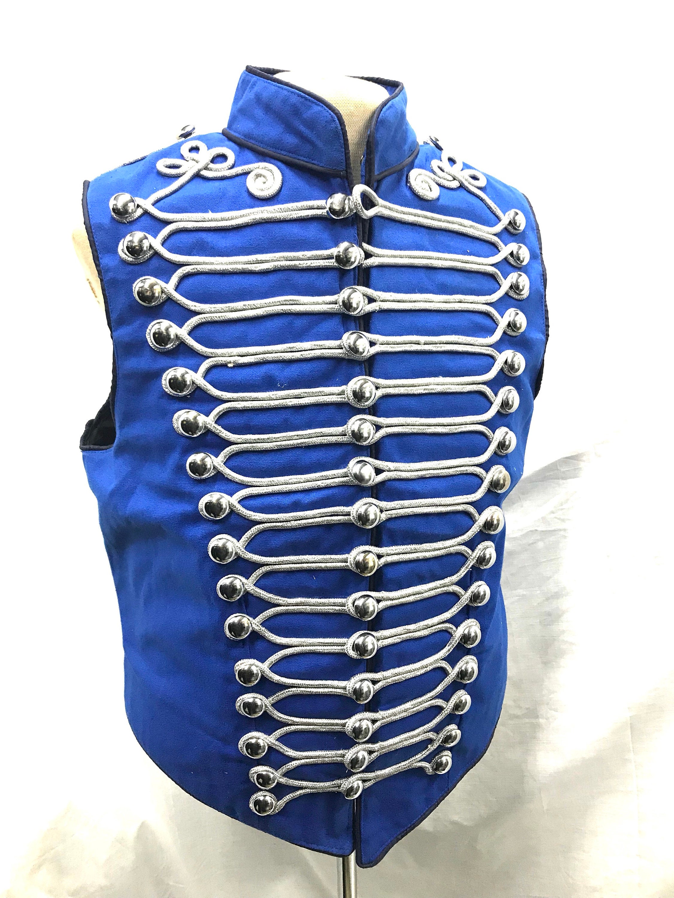 Image of steampunk Men's Military Army Blue With Silver Braiding Hussar Waistcoat Polished Brass Buttons in To Fit Chest Size M, L, Xl