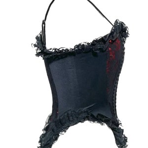 Gothic Steampunk black lace over boned corset with Black frills and front cotseted available in red and purple image 3