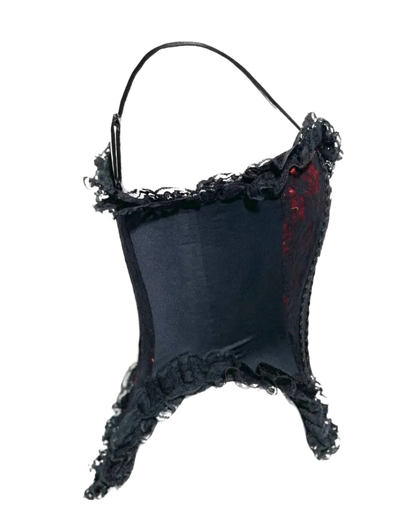 Gothic Steampunk black lace over boned corset with Black frills and front cotseted available in red and purple image 3