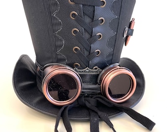 Cappello a cilindro Steampunk deiselpunk a righe nere/bianche con occhiali in rame da 57,58,59,60,61 cm