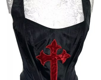 Gothic Red dagger appliqué on black silk taffeta boned corset back zip up  in size to fit XS/32”8, S/34”/UK10, M/36”/Uk12 ,