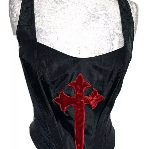 Gothic Red dagger appliqué on black silk taffeta boned corset back zip up  in size to fit XS/32”8, S/34”/UK10, M/36”/Uk12 ,