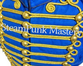 Steampunk Men's Military Army Blue with gold Braiding Hussar Waistcoat with polished brass gold buttons in to fit chest size M,L,XL