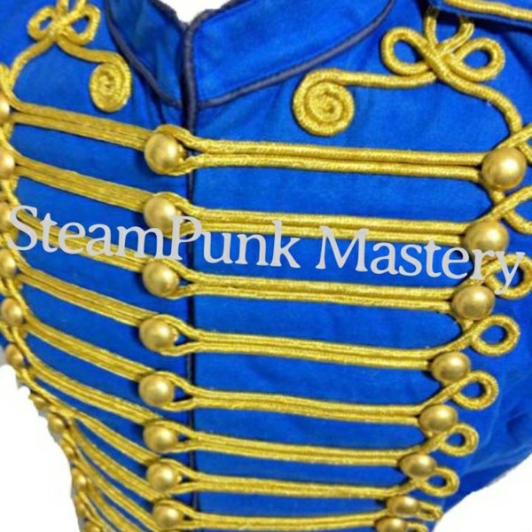 Steampunk Hussar Waistcoat: Blue Military Vest with Gold Braid