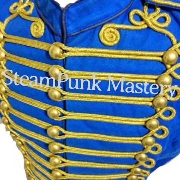 Gilet de hussard bleu armée steampunk pour homme avec tressage doré et boutons dorés en laiton poli pour s'adapter à la taille de la poitrine M, L, XL