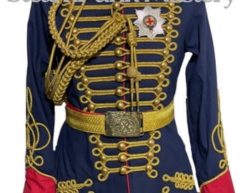 May include: A blue military-style jacket with gold trim and buttons. The jacket has a red collar and red trim on the sleeves. The jacket features a gold belt with a buckle and a gold braid across the chest. The jacket has a badge with a cross on it.