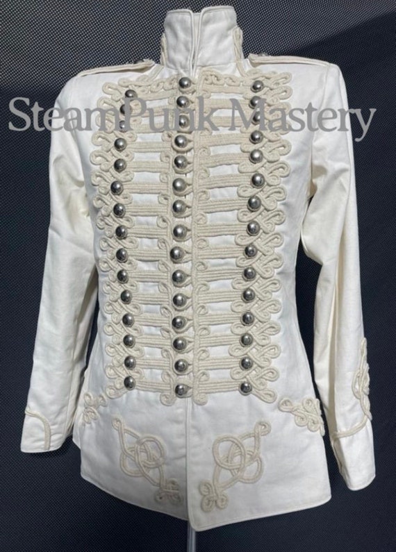 White Cotton Tailcoat Jacket: Silver Buttons, Braided Detail (40