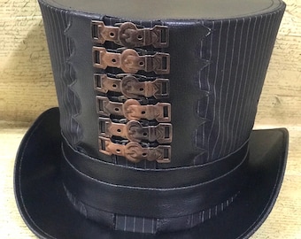Deisel steampunk industrial Black Grey Pinstripes Top Hat with Rustic copper Buckles in57, 58,59,60,61cm