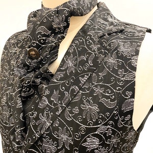 4 pcs Waistcoat outfit Silver/Black Brocade Waistcoat ,Matching Mask self  tie cravat and silver Tiepin in 4 Sizes fit chest 40&quot;,42&quot;,44&quot;,46&quot;