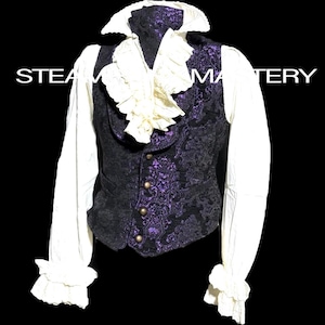 3pcs Men’s Tapestry Purple/Black  waistcoat with matching self tie cravat outfit with Victorian ruffle cotton shirt including