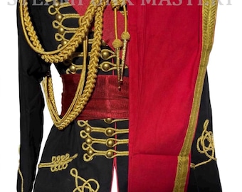 Black Hussar Ceremonial Uniform Jacket and Red  Pants Set Gold Trim