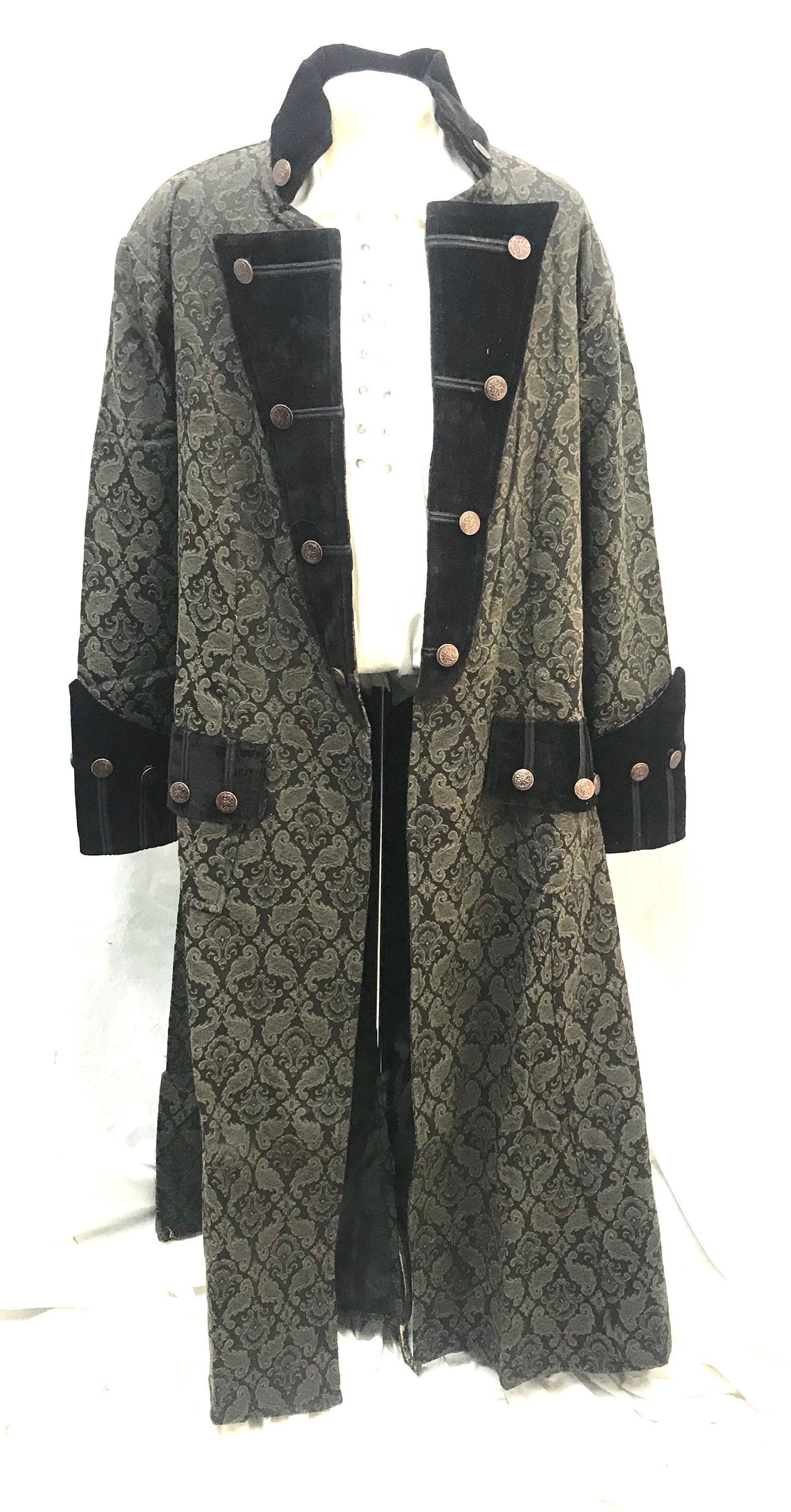 Image of steampunk Gothic Cotton Brocade Frock Long Coat With Black Lapels Abd Antique Copper Buttons in To Fit Chest Size 42"/44" M