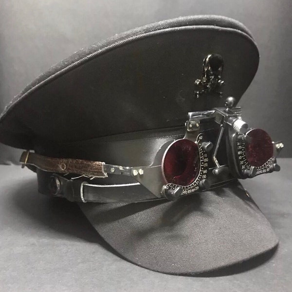 Cotton Black Military Hat with Red land optical goggles and Black skull in Size 57,58,59cm