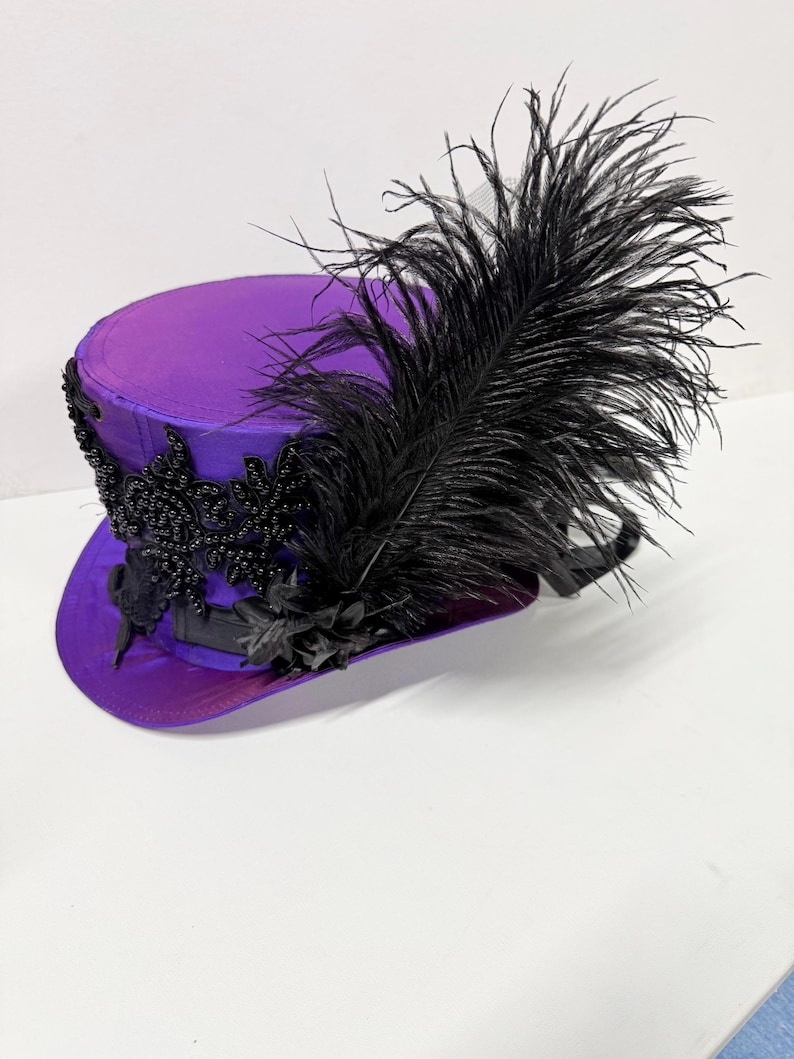 Pu&ograve; includere: Un cappello a cilindro viola con abbellimenti neri e una grande piuma nera. Il cappello presenta una fascia decorativa con perline nere e un nastro di raso nero. Il cappello &egrave; di un vibrante colore viola.