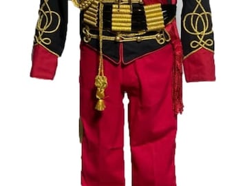 May include: A black and red military-style jacket with gold trim and buttons. The jacket has a high collar and is worn with red pants with gold trim.