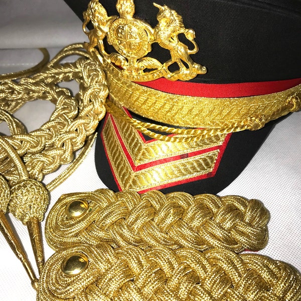 Gold Bullion Military Hussar Accessory Set: Epaulettes, Aiguillette, Cap (Size 57-59cm)