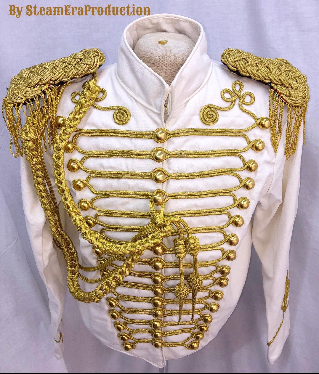 Image of Men's Military Army Gold Braiding Hussar Officers White Jacket With Contrasts in Chest 42"44"46"And Aiguillette & Fringes Epaulettes
