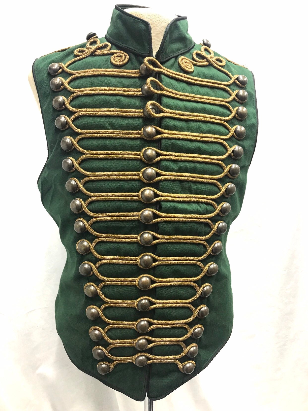 Image of Antique Look Steampunk Men's Military Army in Dull Green With Gold Braiding Hussar Waistcoat To Fit Chest Size 38" 40", 42", 44"