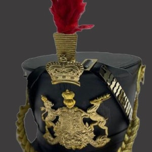 Black Hussar general Helmet with Gold Bullion Details and detachable white/Red Feather in sizes 57,58,59cm