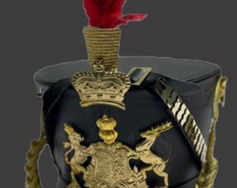 Black Hussar general Helmet with Gold Bullion Details and detachable white/Red Feather in sizes 57,58,59cm