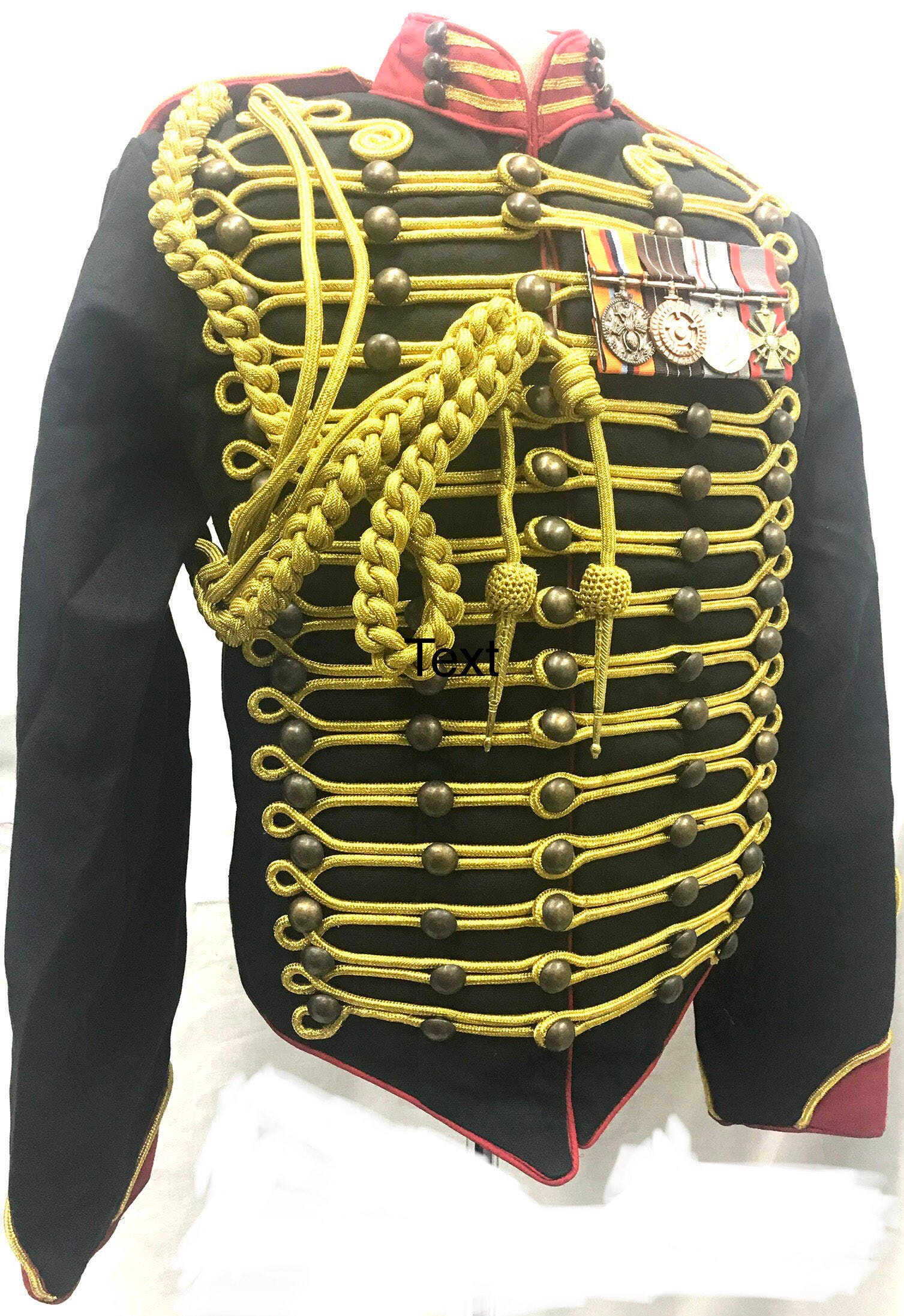 Image of Men's Military Army Gold Braiding Hussar Officers Black Jacket , Red Contrast in Chest 38"40", 42", 44", 46", 48"steampunk Medals Aiguillette