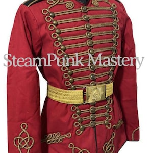 Steampunk 2 pcs Army Officer Red/Black Hussar Jacket with belt to fit in to fit 44”46”